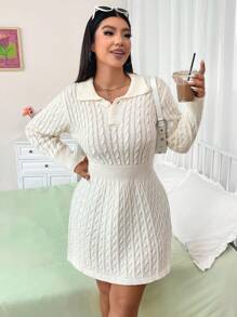 Calvaya Vestido de punto de manga larga de unicolor y simple para uso diario para mujeres de talla grande - Albaricoque - Ver 7