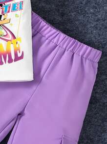 SHEIN 2pcs/Set Girls Summer Casual Orange Cargo Pants And Printed Sleeveless Top Outfit - Purple - View 3