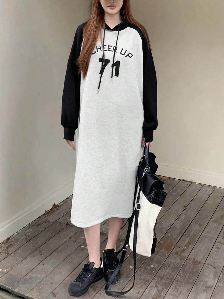 Women's Solid Color Patchwork Letter Print Long Sleeve Drawstring Hooded Dress,Fall Clothes Maxi Dress
