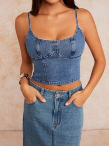 Forever 21 Lato, jesień i zima Kobieta niebieski sprany Y2K/Seksowny/Vintage/Styl gorsetowy/Halloween/Podstawowe/Uroczy/Kwadratowy dekolt Denim Top/Top bez rękawów/Kamizelka