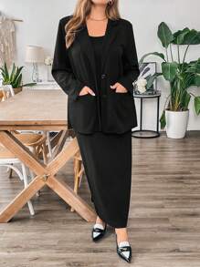 SHEIN Essnce Conjunto de dos piezas de vestido largo y suspendedor holgado básico y versátil para mujer talla grande de otoño e invierno, negro. Conjunto de vestidos de mujer de otoño, atuendos de otoño, conjunto de mujer de manga larga, conjunto de abrigo y vestido, ropa de invierno, dinero viejo, ropa de trabajo, conjunto de invierno, conjunto de ropa de oficina para mujer, moda coreana, casual de negocios para mujer - Negro - Ver 6