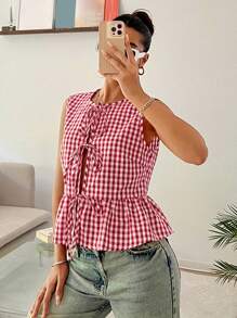 Comfortcana Blusa informal de mujer sin mangas a cuadros rojos con volantes en el bajo, blusas sin mangas