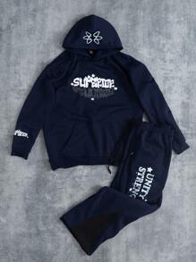 Manfinity Hypemode 男士大码休闲字母印花连帽衫和运动裤套装，保暖内衬，适合秋冬季 - 寶藍色 - 查看 1