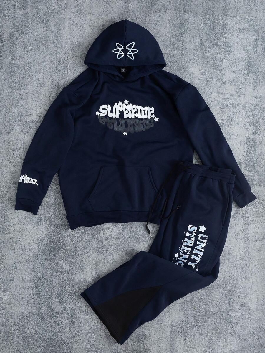 Manfinity Hypemode 男士大码休闲字母印花连帽衫和运动裤套装，保暖内衬，适合秋冬季 - 寶藍色 - 查看 1