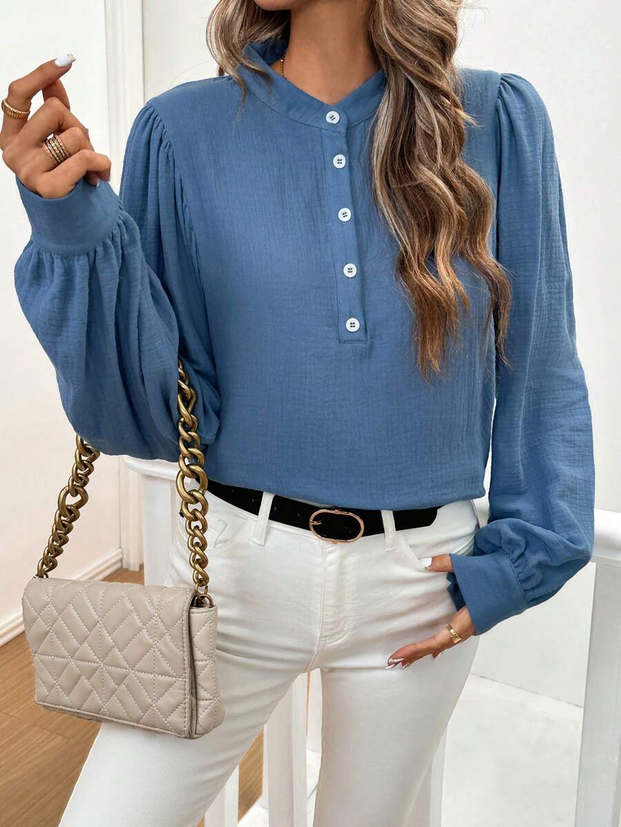 SHEIN LUNE Áo sơ mi nữ giản dị đơn giản màu xanh - Màu xanh lam - Xem 1