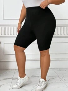 SHEIN CURVE+ Plus Size Outdoor Sports High Waist Cooling Stretchy 5-Point Shorts, Black