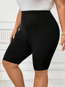 SHEIN CURVE+ Plus Size Outdoor Sports High Waist Cooling Stretchy 5-Point Shorts, Black