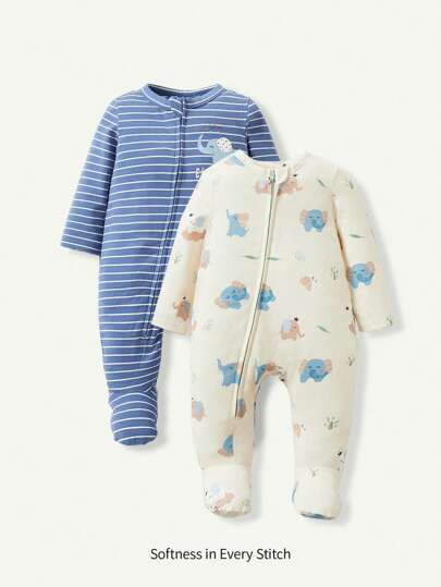 Cozy Pixies 2 件套新生儿男孩卡通印花纯色圆领长袖连体衣和裤子套装