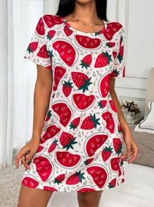 Kurzarm Rundhals Cartoon Obst Allover-Muster Schlafkleid mit Allover-Muster, lockere Kleidung