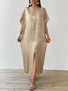 SHEIN Lady Holiday Dresses Four Season/Wedding Guest/Church Attire/Prom Dress/Gold Skirt/Dinner Outfit/Gold Women's Satin Jacquard Front Slit Dress, Casual Party Elegant - Gold - View 4