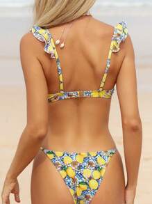 Swim Mod Women's Summer Beach Lemon Print Ruffle Hem Sexy Bikini Set, Random Print - Multicolor - View 3