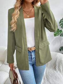 SHEIN LUNE Women's Casual Basic Solid Color Collarless Blazer - Army Green - View 4