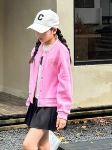 SHEIN Tween Girl Collegiate Style Casual Sports Colorblock Flat Knit Letter Grafisch Kort Roze Jasje Buitenkleding