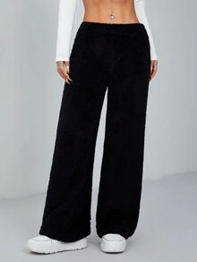 SHEIN PETITE Quần ống đứng vải flannel cạp cao - màu đen - Xem 4