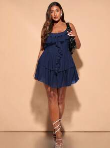 SHEIN BAE Plus Size Women's Solid Color Summer Sweet Girl A-Shaped Cake Lotus Leaf Suspender Stretch Mesh Short Dress