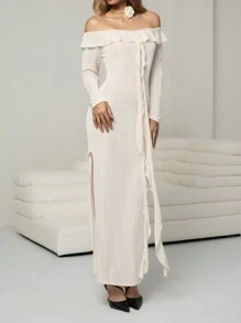 Chiquease Women's Elegant Off-Shoulder Flounce Split Dress Fall Cloth For Women - Apricot - View 6