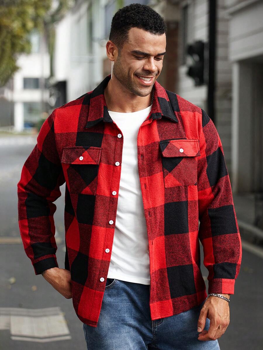 Manfinity Homme Plus Size Men's Plaid Print Button Front Pocket Long Sleeve Coats And Jackets - Multicolor - View 1