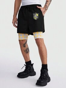 ROMWE MEN Harry Potter | ROMWE Men's Badge And Argyle Print Drawstring Waist 2 In 1 Shorts, School - Multicolor - View 5