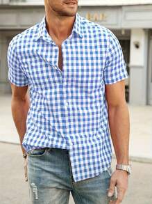 Manfinity Homme Men's Plaid Printed Casual Short Sleeve Shirt, Summer Clothes - Blue and White - View 1