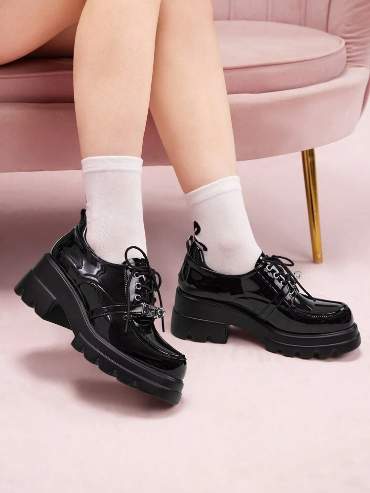 CUCCOO DOLLMOD Women s Outdoor Thick Sole Black Tie Up Flats With Round Toe PU Leather Upper And Outsole Fashion Trend Christmas Fall SHEIN USA
