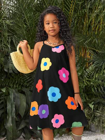 SHEIN Vestido de tirantes suelto con estampado floral tejido para niña preadolescente de vacaciones, juegos a juego de primavera y verano de mamá e hija (2 juegos se venden por separado)