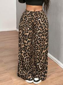 SHEIN SXY Quần áo mùa thu cho nữ; Họa tiết da báo; Quần ống rộng cạp thấp họa tiết da báo cho nữ - Rỉ Nâu - Xem 5