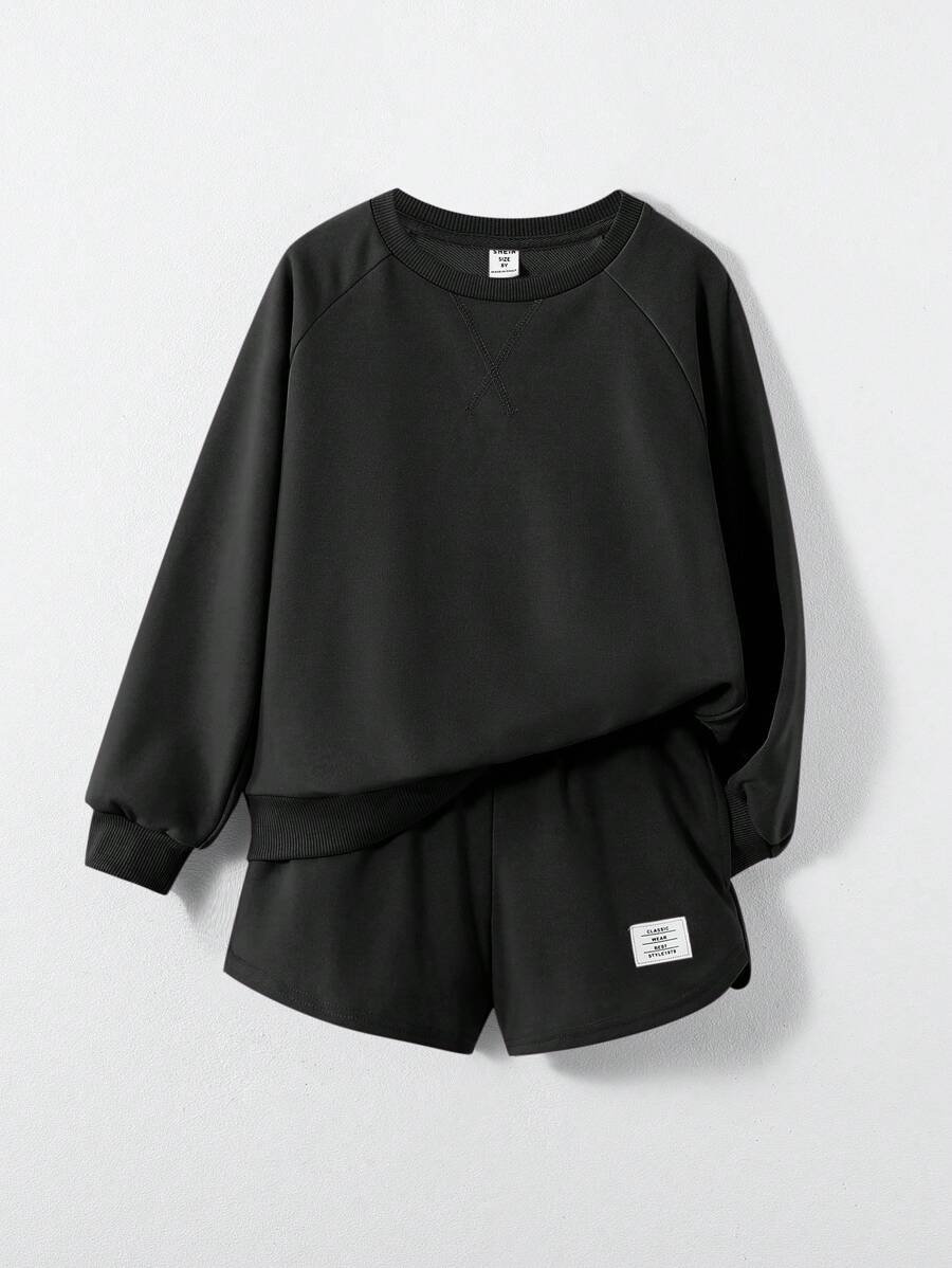 Tween Girl Casual Solid Color Knit Crew Neck Sweatshirt & Shorts 2-Piece Set - Black - View 1