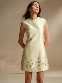Anewsta Minimalist Chic Handmade Crystal Embellished Sleeveless Round Neck Dress - Champagne - View 3