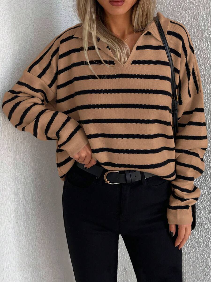 EURMUSE Striped Pattern Drop Shoulder Sweater - Brown - View 1