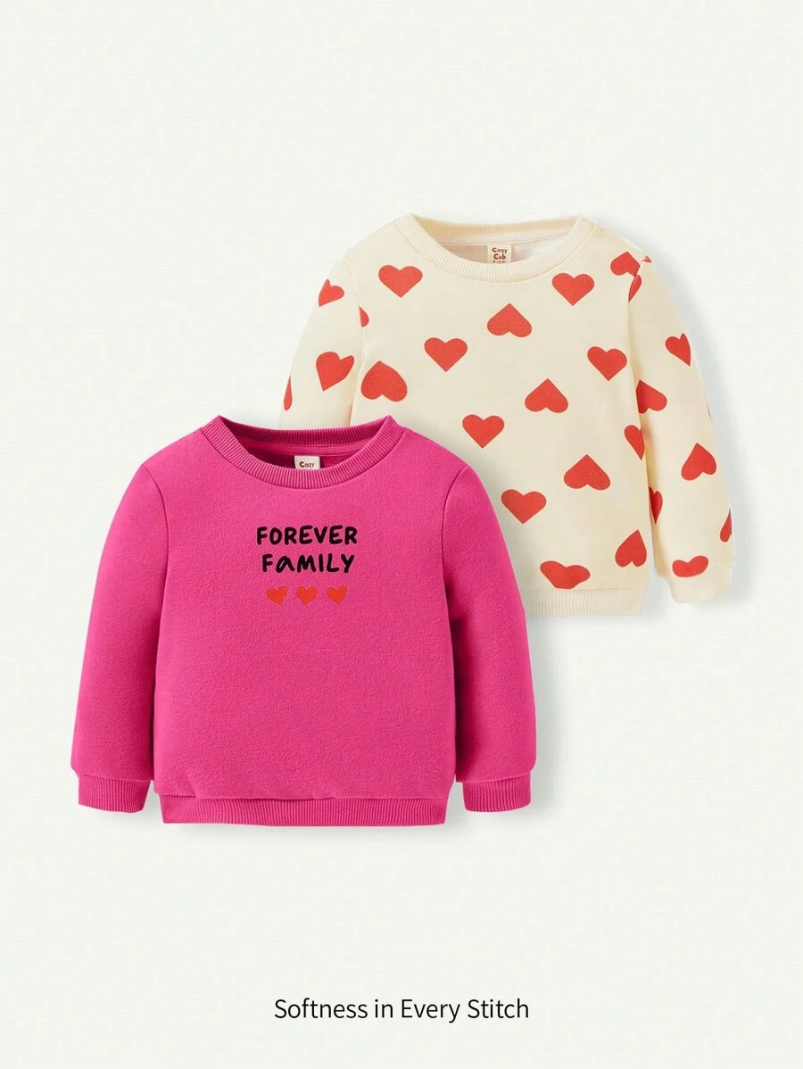 2pcs Baby Girl Heart Pattern Round Neck Raglan Sweatshirt & Letter Print Sweatshirt Set - Hot Pink - View 1