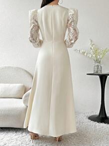 Modelyn 女士纯色简约日常穿着蕾丝装饰阿拉伯朴素连衣裙派对优雅晚装长袖长裙、婚礼/场合礼服白色优雅连衣裙长款晚礼服 - 杏色 - 查看 2