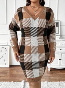Plus Size Women V-Neck Plaid Casual & Work Sweater Dress, Autumn/Winter - Multicolor - View 3