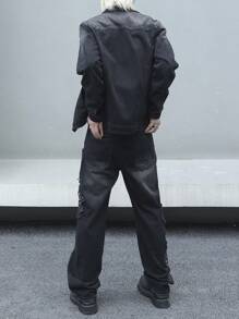 Manfinity Roghcode Men's Embroidered Jacket And Patchwork Denim Pants 2-Piece Set - Black - View 2