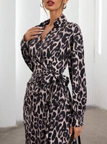 SHEIN Privé Elegant V-Neck Wrap Waist Design Animal Leopard Print Grey Long Sleeve Dress, Versatile Wear