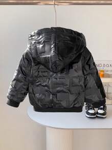 SHEIN 男宝宝休闲日常百搭趣味几何图案保暖内衬连帽长袖棉衣，适合秋冬季户外穿着 - 黑色 - 查看 2