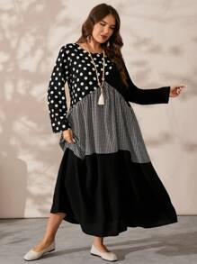 EMERY ROSE Plus Size Crew Neck Long Sleeve Polka Dot & Plaid Contrast Color Charming Fall Dress