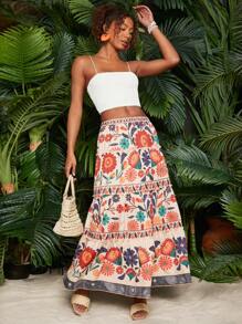 Travachic Floral Print Ruffle Hem Summer Beach Women's Skirt - Multicolor - View 6