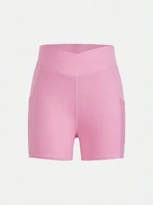 2 pièces Short cycliste en tricot unicolore pour préadolescentes, décontracté - Rose orangé - Voir 6