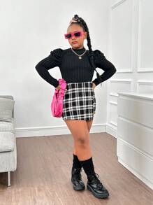 SHEIN Tween Girls Extended Size Raglan Sleeve Mock Neck Ribbed Knit Top Multi-Pack Sets - Multicolor - View 4