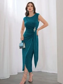 Modelyn Vestido elegante y ajustado de cuello redondo, sin mangas, con pliegues en la cintura, para vestidos de noche largos de mujer - Agua verde azul - Ver 5