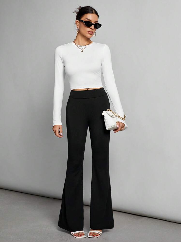 SHEIN Tall Pantalones de campana de talle alto de punto negro para mujer - Negro - Añade 2
