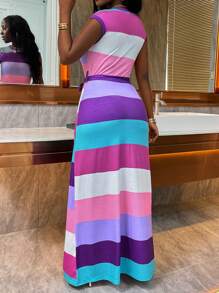 EMERY ROSE Striped Colorblocked Dress With Slanted Pockets And Waist Belt, Summer Maxi Women Outfit - Multicolor - View 2