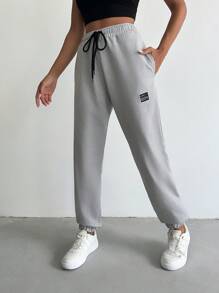 RueChic Letter Patched Detail Drawstring Waist Sweatpants - Light Grey - View 5