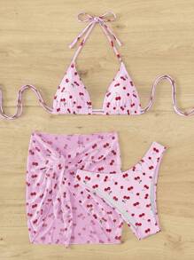 Swim Mod Summer Beach Cherry Printed Two Pieces Bikini Set - Multicolor - View 3