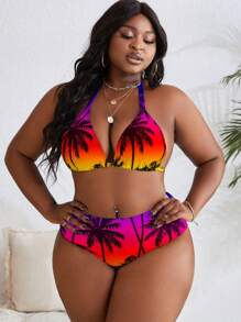 Slaydiva 大码露背系带花卉印花比基尼上衣和下装套装夏季 - 中紫紅色 - 查看 5