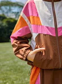 SHEIN 2 piezas/Conjunto Chaqueta con cuello alto y falda maxi de color bloque de contraste casual para niñas, adecuado para viajes al aire libre y estilo de calle urbana