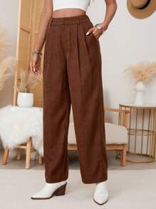 SHEIN VCAY 女士休闲纯色编织直筒裤（配腰带环） - 棕色 - 查看 7