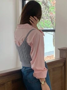 DAZY Áo len chui đầu hở lưng không tay họa tiết tối giản cho nữ mùa thu - Xám - Xem 5