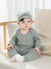 SHEIN 3pcs/Set Newborn Infant Unisex Casual All-Match Long Sleeve Bodysuit, Pants And Hat Outfit, Suitable For Everyday Wear In Autumn/Winter - Green - View 4