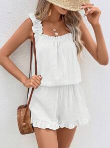 Breezaya Solid Ruffle Trim Top & Shorts - White - View 4